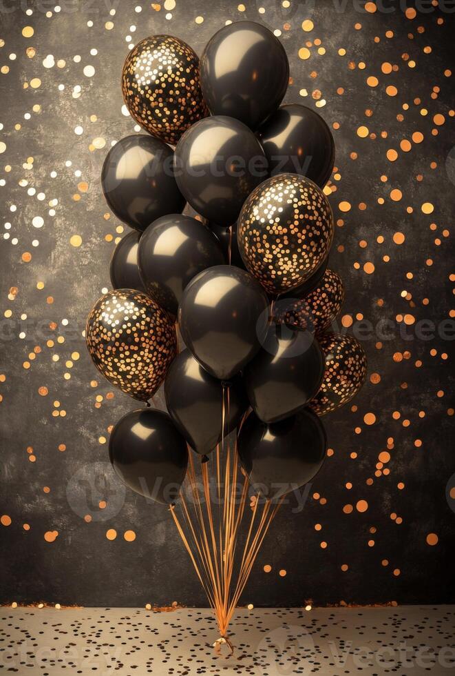 Elegant black and gold balloons with matching confetti, creating a sophisticated party vibe with open space in the center photo