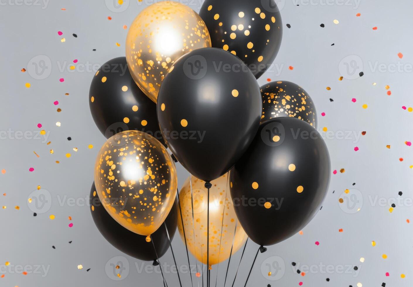Elegant black and gold balloons with matching confetti, creating a sophisticated party vibe with open space in the center photo
