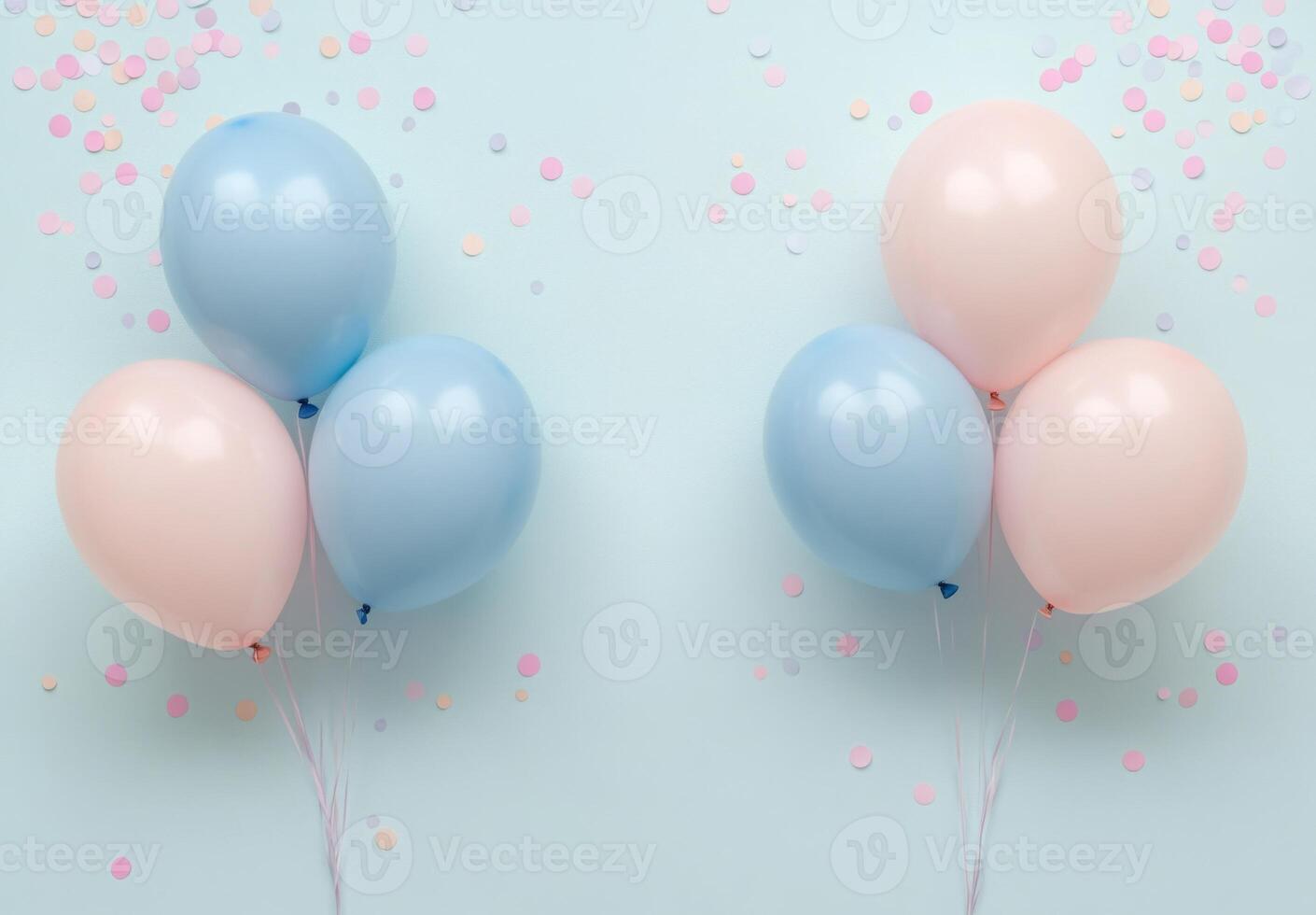 Soft baby blue and blush pink balloons on the left, with pastel confetti, leaving a clean and open space on the right for design or text photo