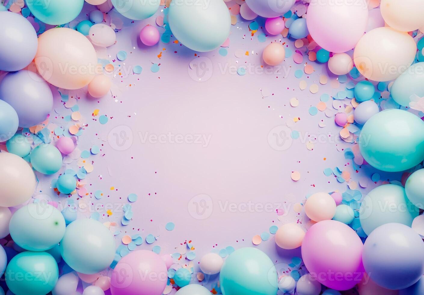 Playful pastel balloons and soft-colored confetti scattered across the frame, leaving an open space in the center for a message photo