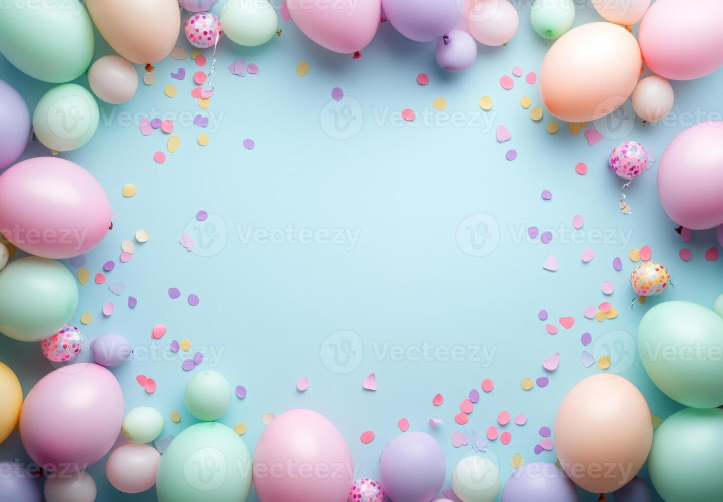Playful pastel balloons and soft-colored confetti scattered across the frame, leaving an open space in the center for a message photo