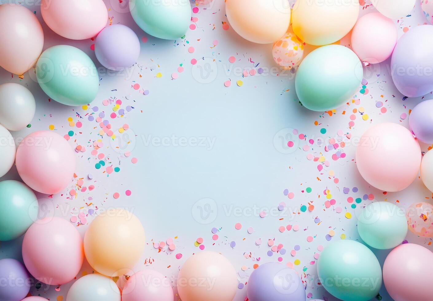 Playful pastel balloons and soft-colored confetti scattered across the frame, leaving an open space in the center for a message photo
