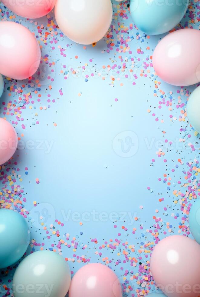 Playful pastel balloons and soft-colored confetti scattered across the frame, leaving an open space in the center for a message photo