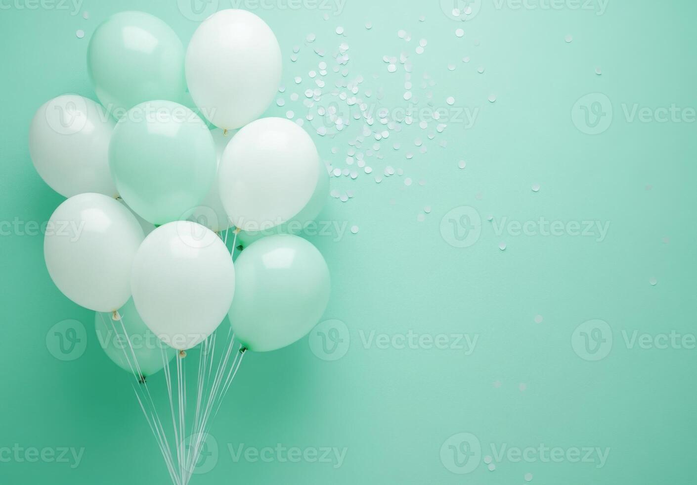 Pastel mint and white balloons on the left side, accompanied by light confetti, with plenty of free space on the right for text or design photo