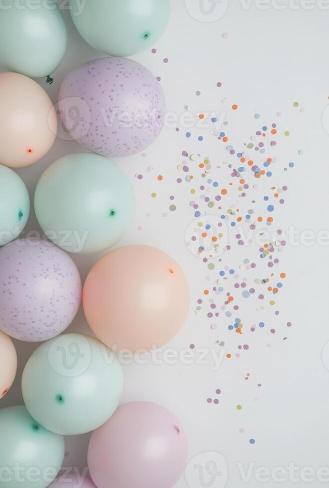 Muted pastel-colored balloons positioned on the left side, with scattered confetti, and an open space on the right for a message or design photo