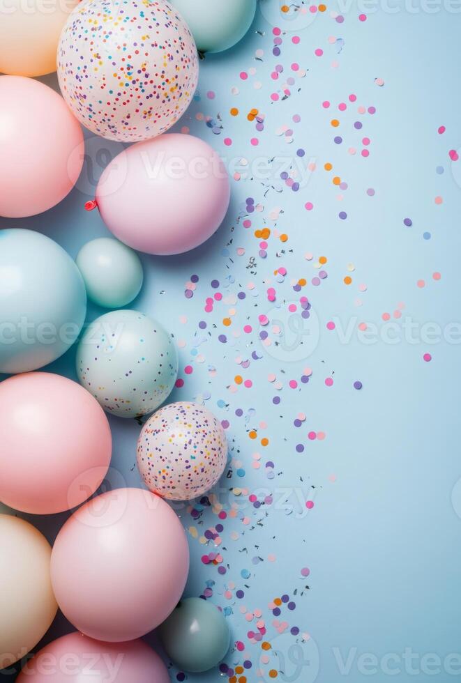 Muted pastel-colored balloons positioned on the left side, with scattered confetti, and an open space on the right for a message or design photo
