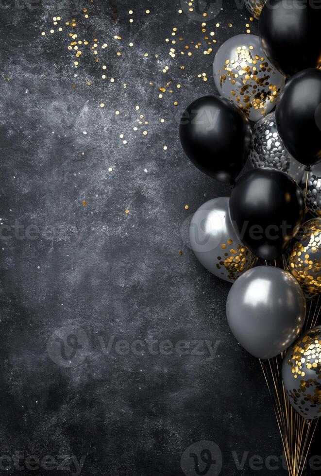 Luxurious black and silver balloons on the right side, with golden confetti, creating an elegant feel with empty space on the left photo