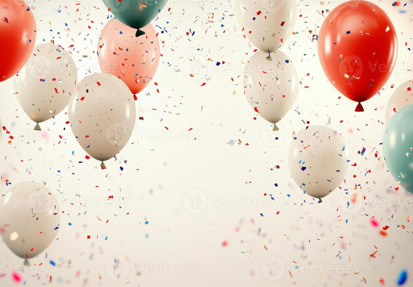 Helium balloons and swirling confetti floating across a light background, with a clean, spacious area in the middle photo
