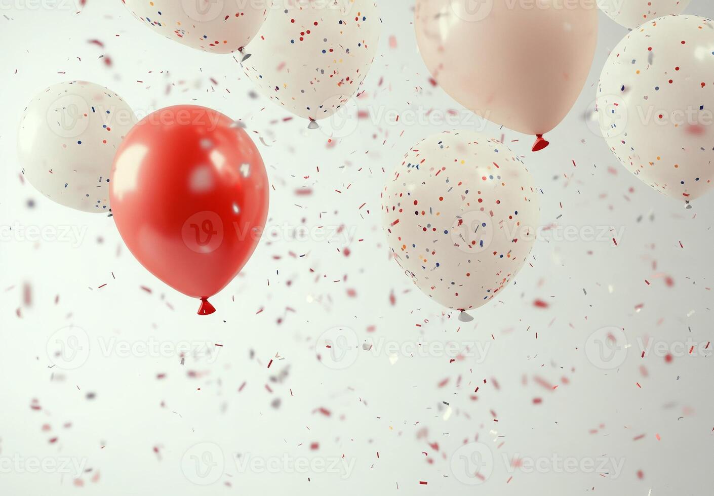 Helium balloons and swirling confetti floating across a light background, with a clean, spacious area in the middle photo