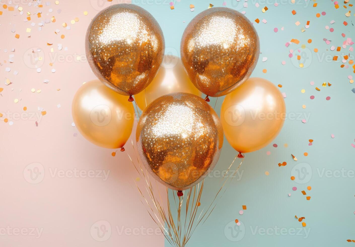 Golden balloons and shimmering confetti against a soft pastel backdrop, with free space in the middle for customization photo