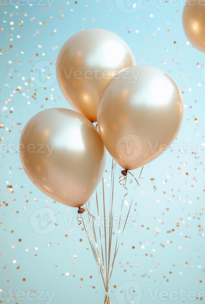 Golden balloons and shimmering confetti against a soft pastel backdrop, with free space in the middle for customization photo