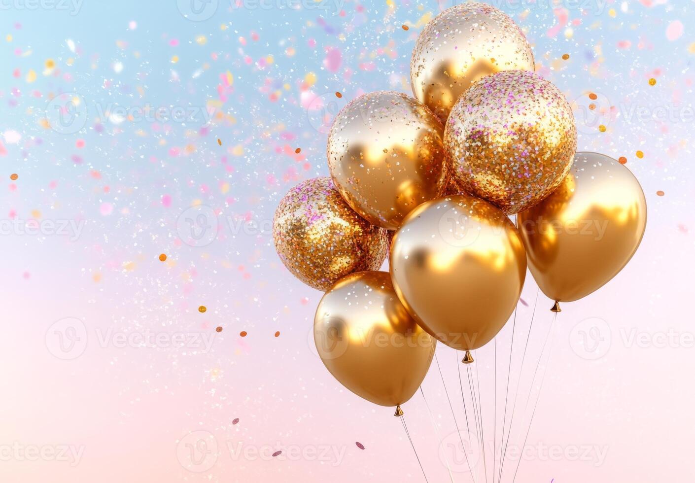 Golden balloons and shimmering confetti against a soft pastel backdrop, with free space in the middle for customization photo