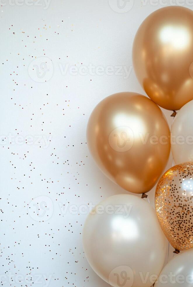 Golden and champagne-colored balloons positioned on the right, with sparkling confetti, creating an elegant vibe with free space on the left photo