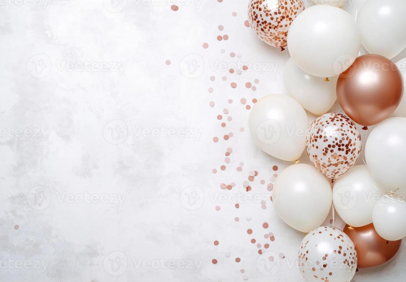 Elegant white and rose gold balloons on the right side, paired with soft, scattered confetti, leaving space on the left for text photo