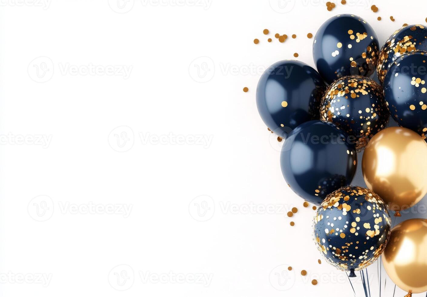 Elegant navy blue and gold balloons on the right side, with matching confetti, leaving a clean area on the left for customization photo