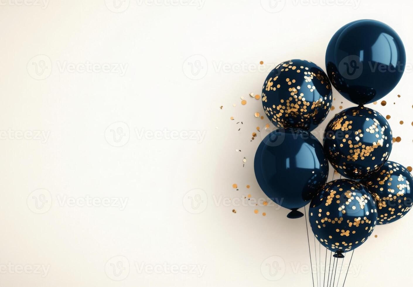Elegant navy blue and gold balloons on the right side, with matching confetti, leaving a clean area on the left for customization photo