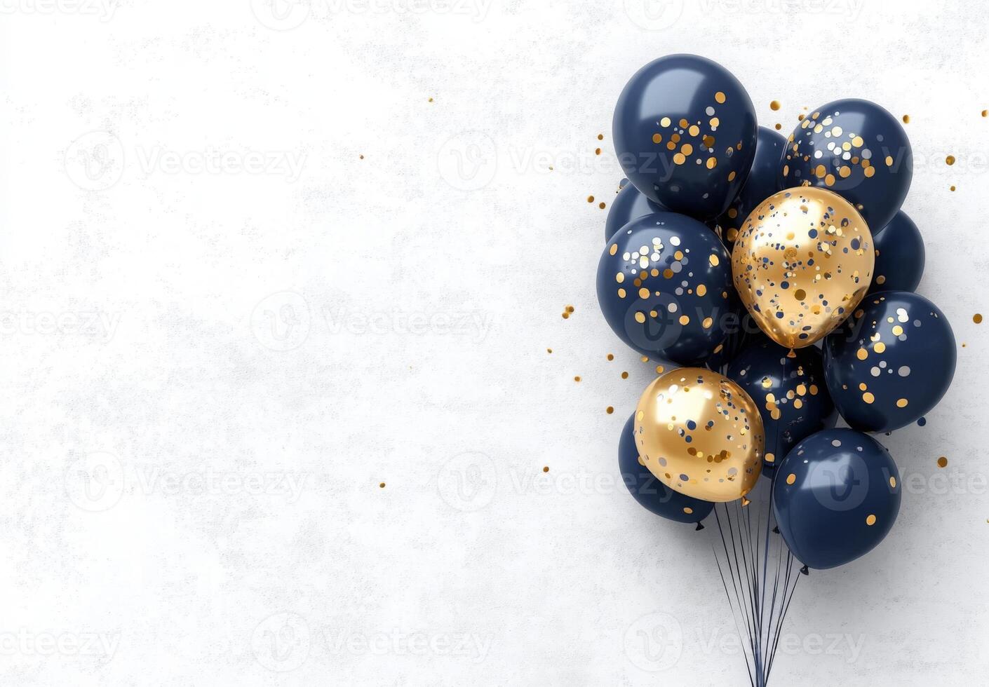 Elegant navy blue and gold balloons on the right side, with matching confetti, leaving a clean area on the left for customization photo