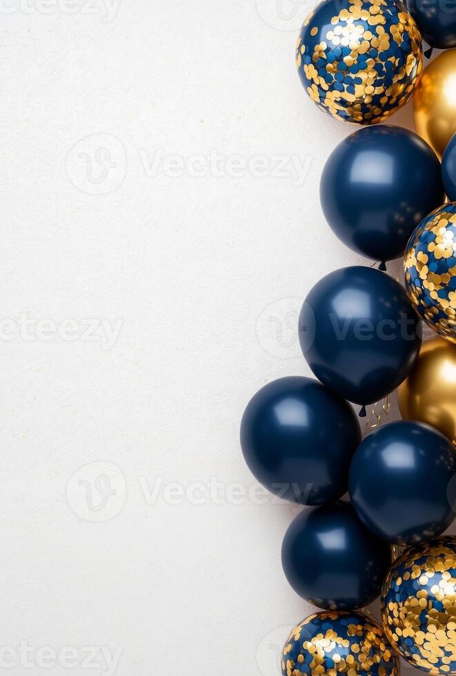 Elegant navy blue and gold balloons on the right side, with matching confetti, leaving a clean area on the left for customization photo