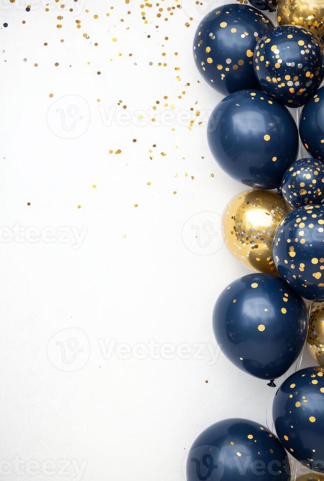 Elegant navy blue and gold balloons on the right side, with matching confetti, leaving a clean area on the left for customization photo