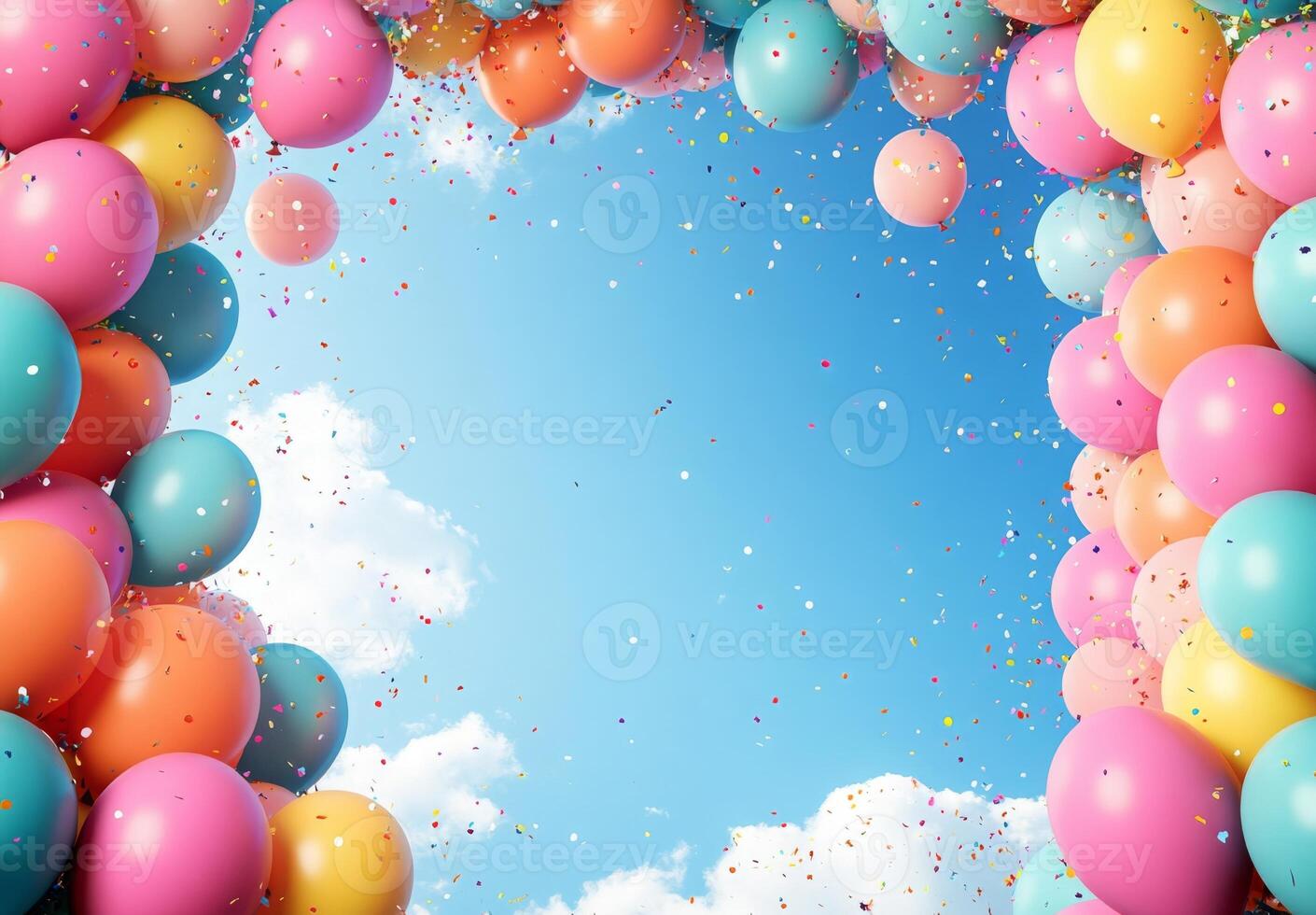 Bright party balloons and confetti cascading from the top of the image, with an empty center section perfect for custom use photo