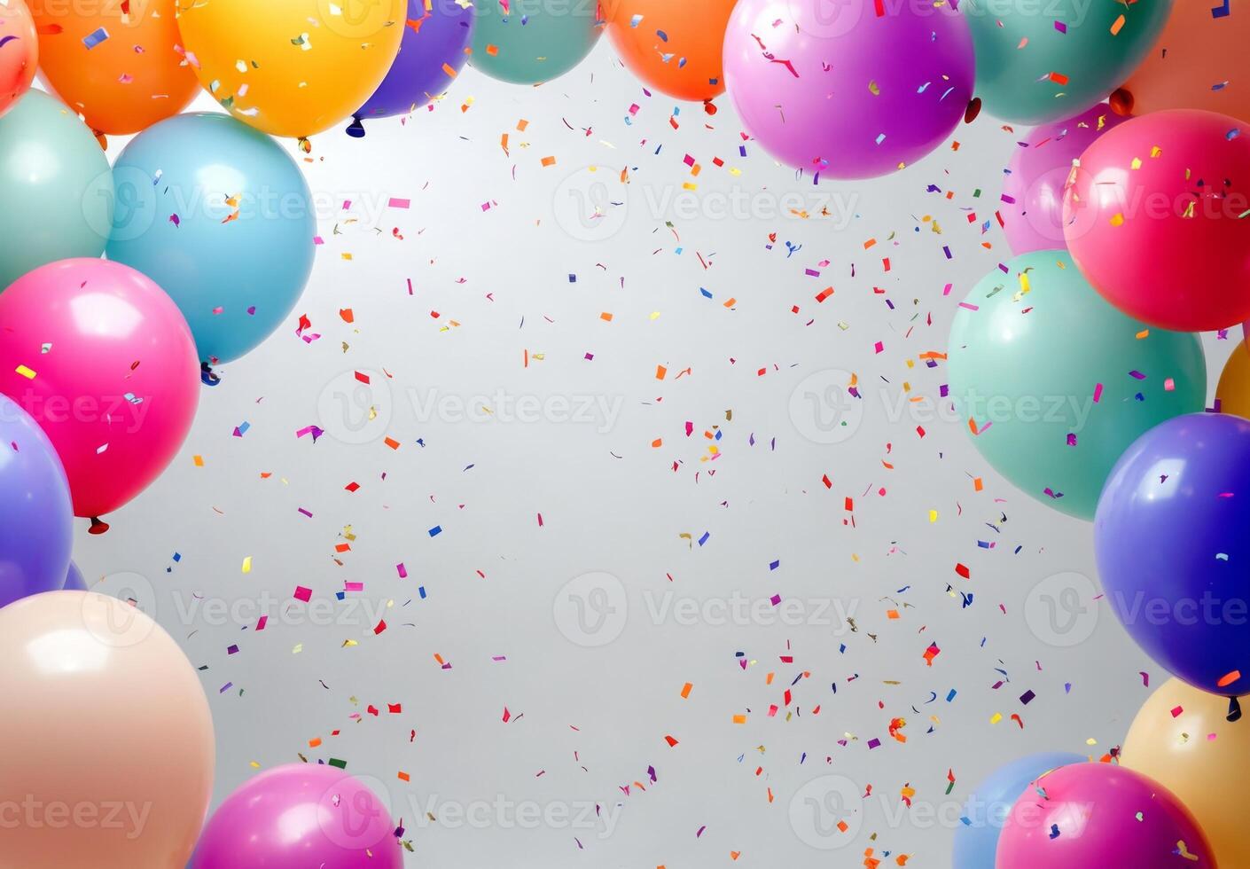 A festive scene with multicolored balloons and falling confetti, creating a cheerful atmosphere with space left open in the center photo
