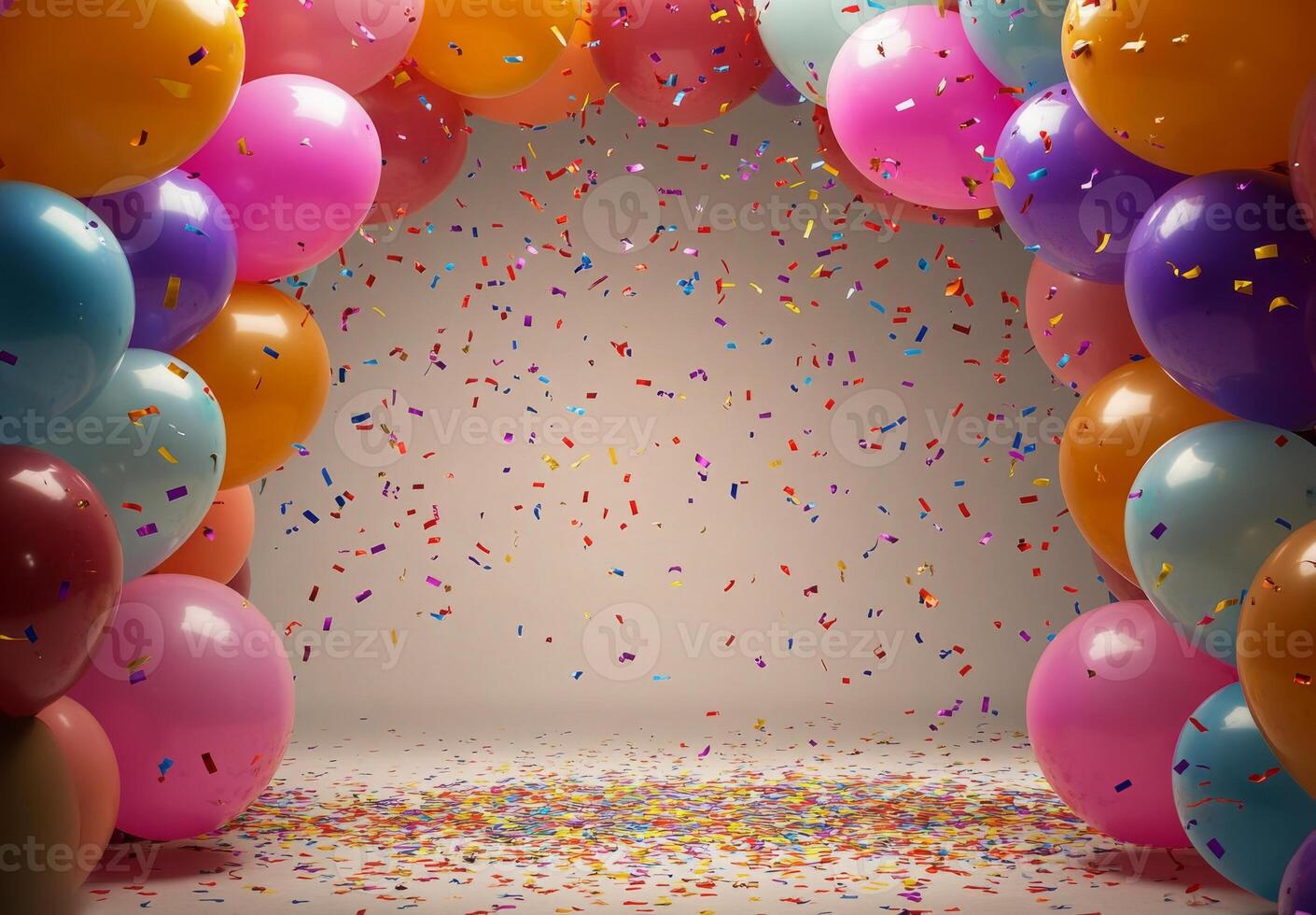 A festive scene with multicolored balloons and falling confetti, creating a cheerful atmosphere with space left open in the center photo