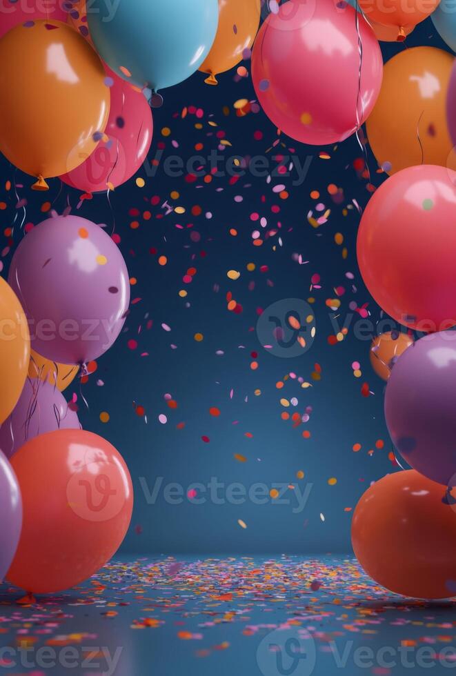 A festive scene with multicolored balloons and falling confetti, creating a cheerful atmosphere with space left open in the center photo