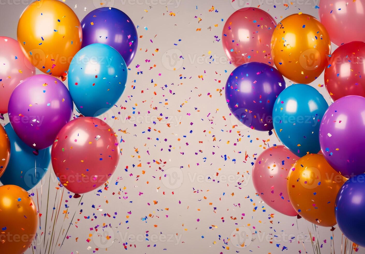 A festive scene with multicolored balloons and falling confetti, creating a cheerful atmosphere with space left open in the center photo