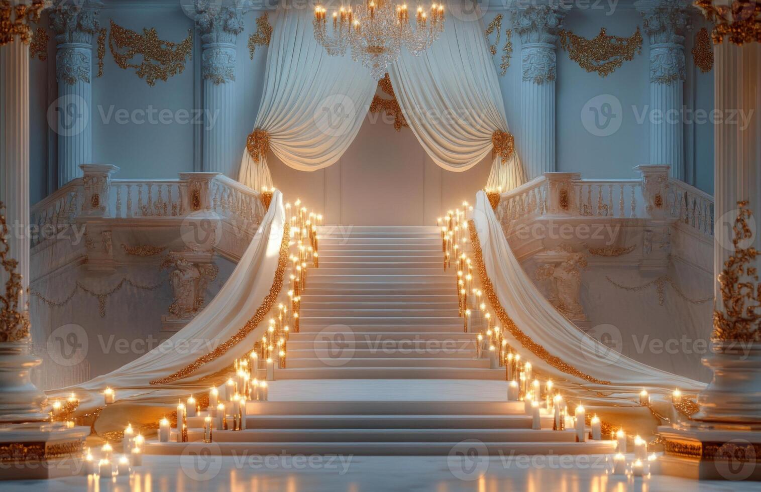 A staircase with candles and a white curtain photo