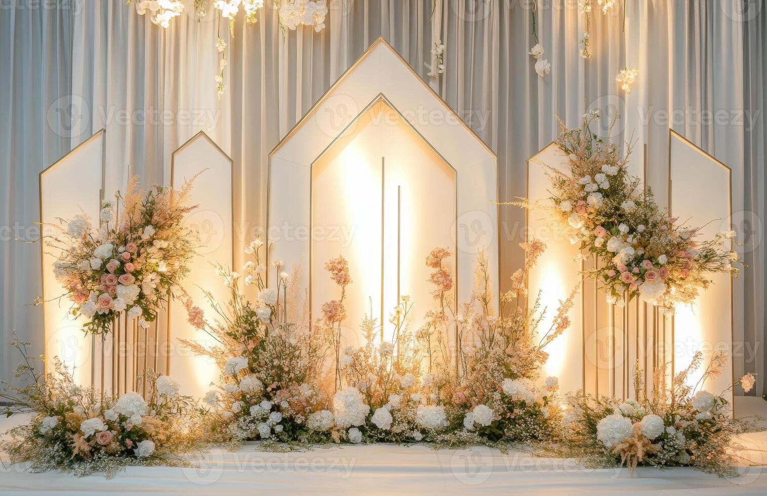 A wedding stage with flowers and candles photo