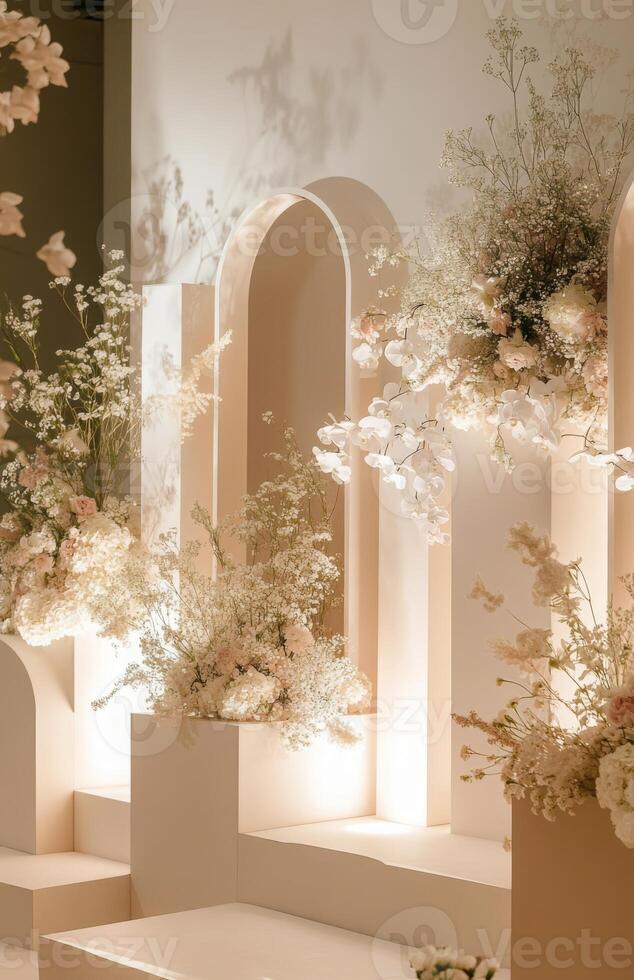 A stage with white pillars and flowers photo