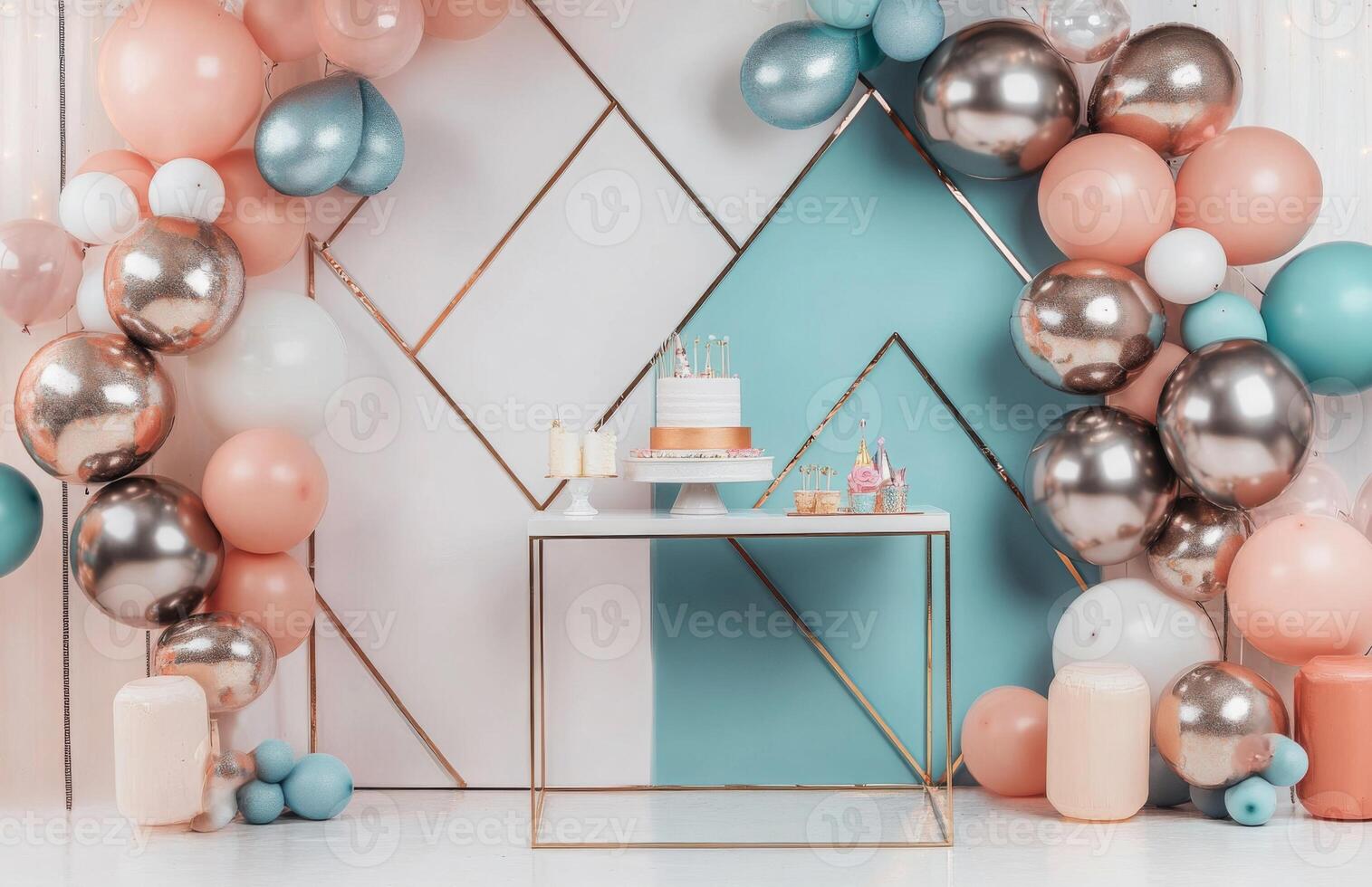 Balloons and cake on a table with a backdrop photo
