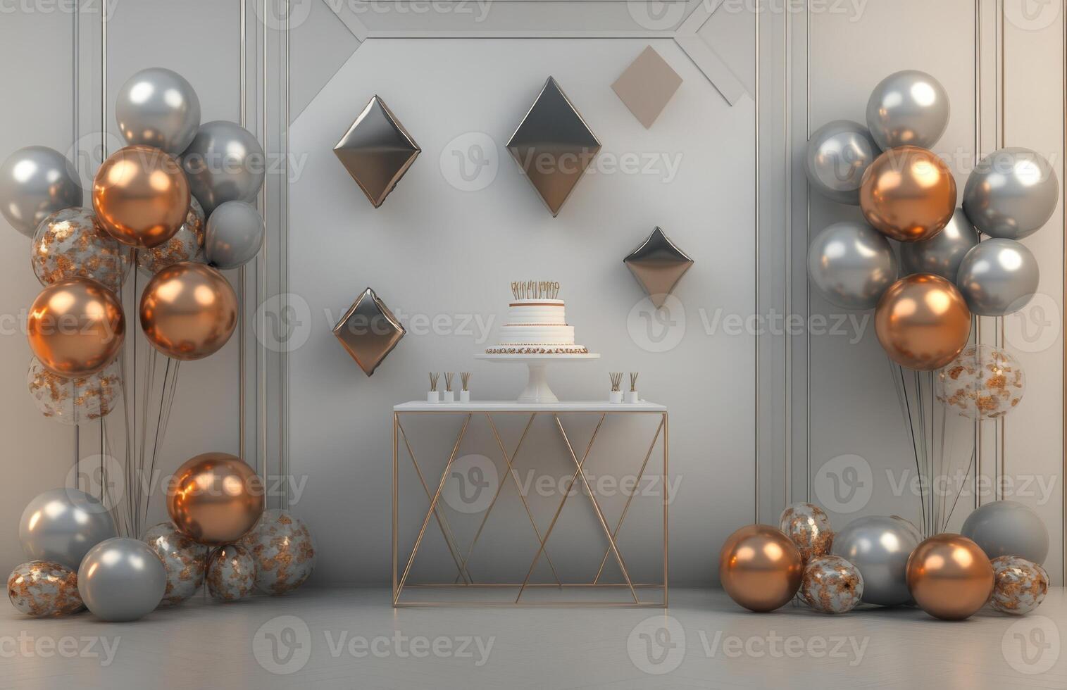 A room with balloons and a cake photo