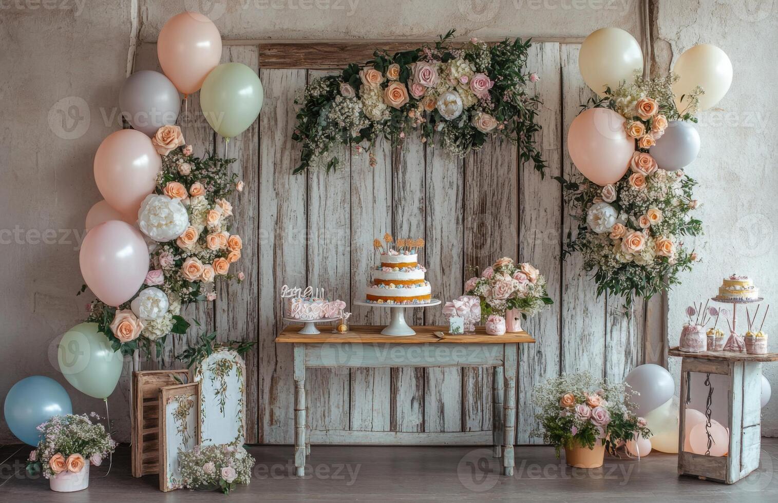 A table with balloons and flowers and a cake photo