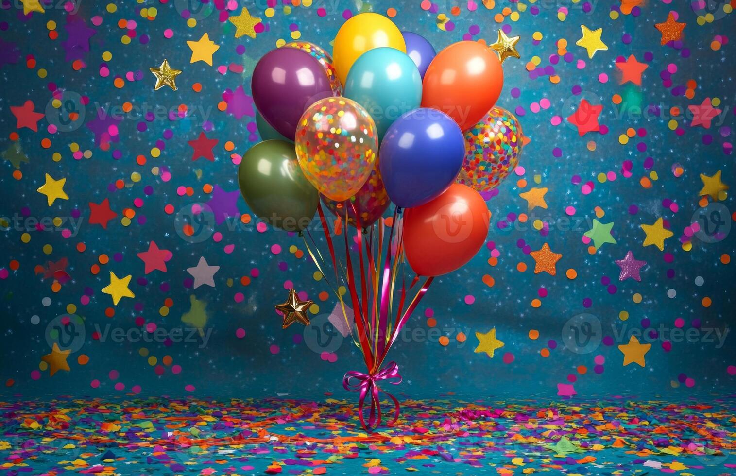 Many balloons on a blue background with confetti photo