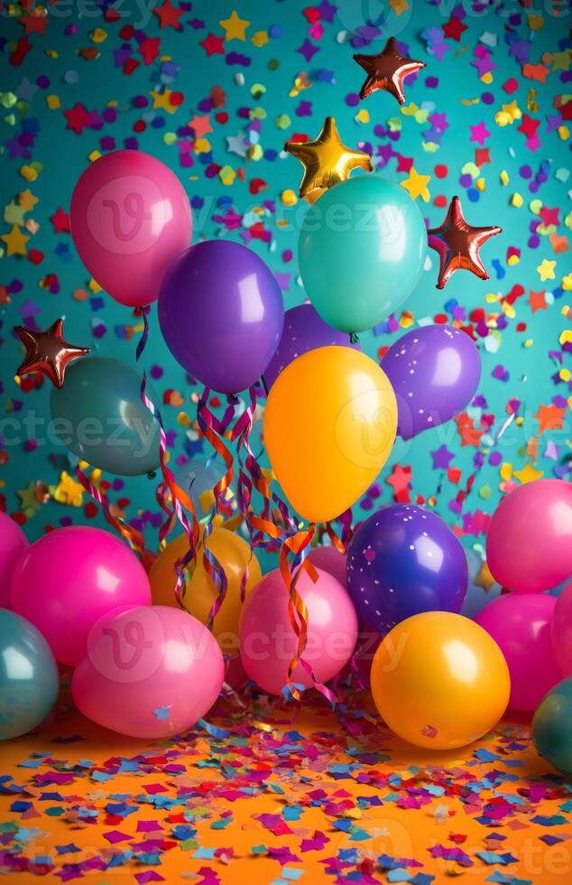 Many colorful balloons and confetti on a blue background photo