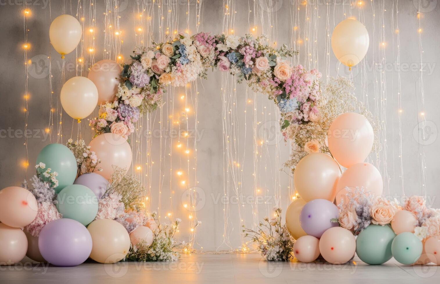 A whimsical birthday setup with a floral arch, pastel-colored balloons, and fairy lights hanging in the background, perfect for a dreamy celebration photo