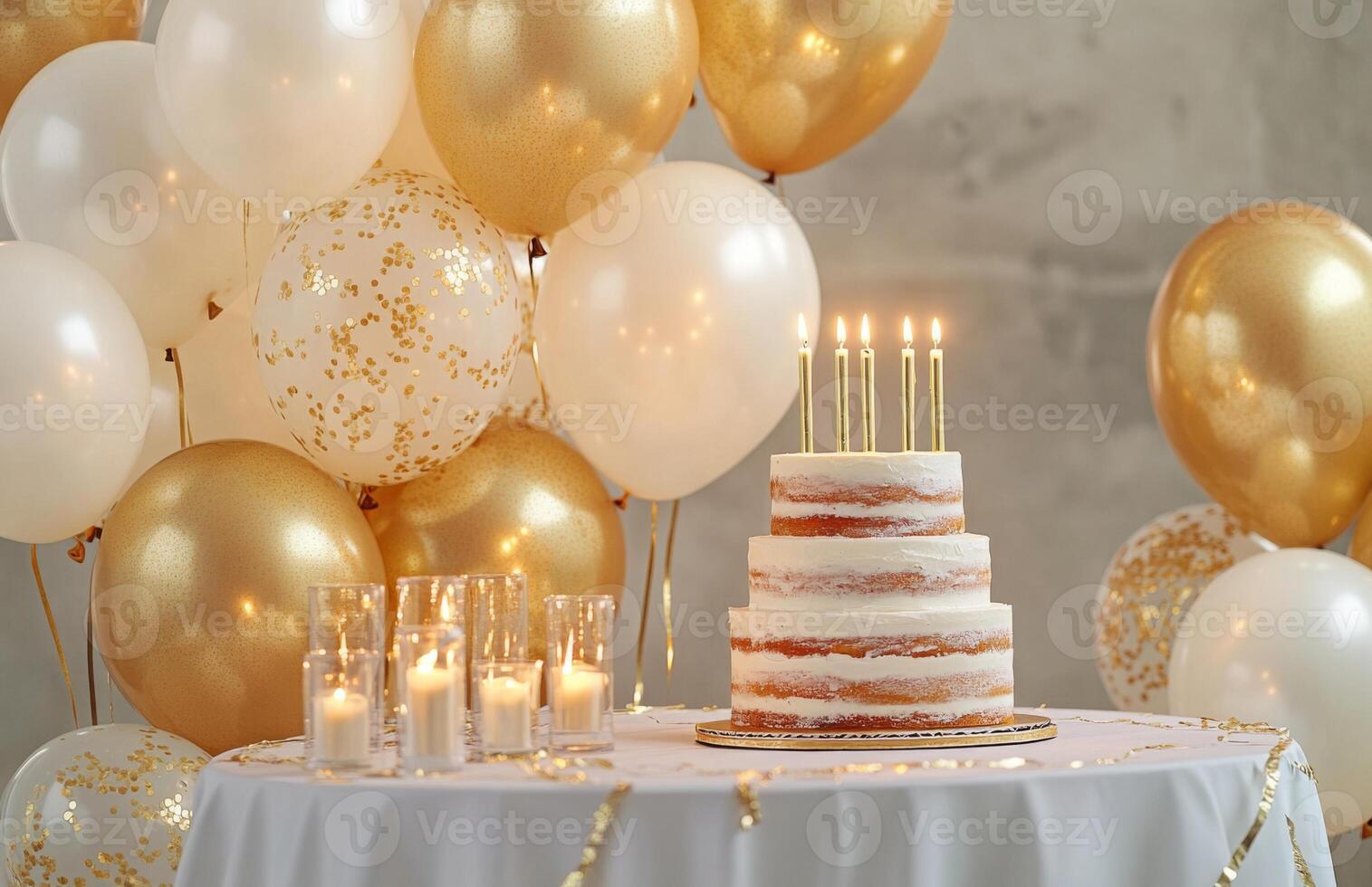An elegant birthday party background featuring gold and white balloons, a table with a tiered cake, and candles adding a soft glow photo