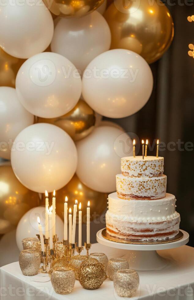 An elegant birthday party background featuring gold and white balloons, a table with a tiered cake, and candles adding a soft glow photo