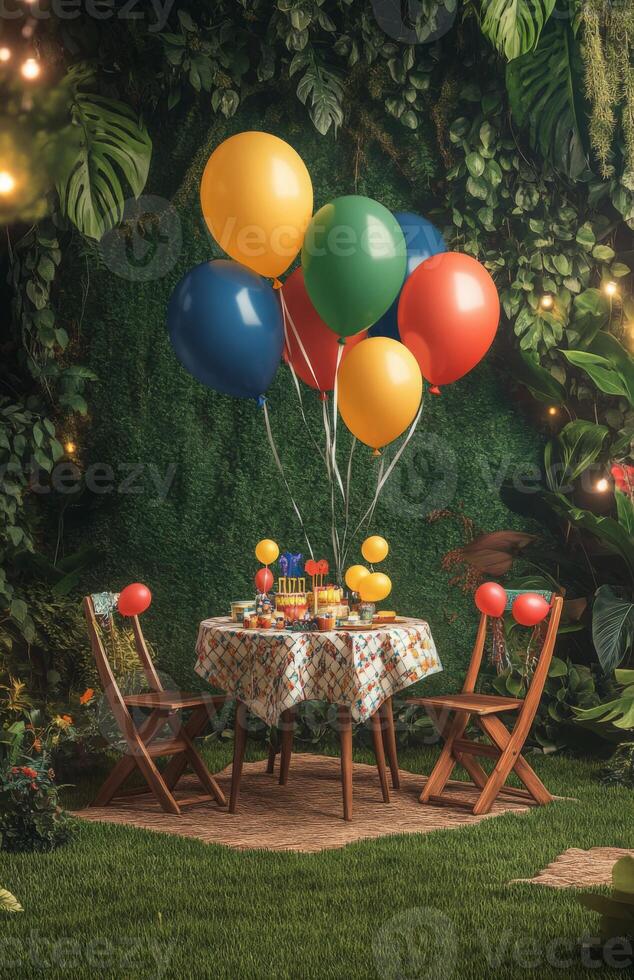 A birthday picnic scene in a garden with a decorated table, bright balloons tied to chairs, and a lush green backdrop with soft lighting photo
