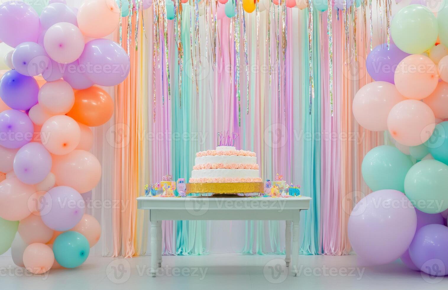 A colorful birthday setup with pastel balloons, a large cake table, and streamers hanging from the ceiling, creating a festive atmosphere photo