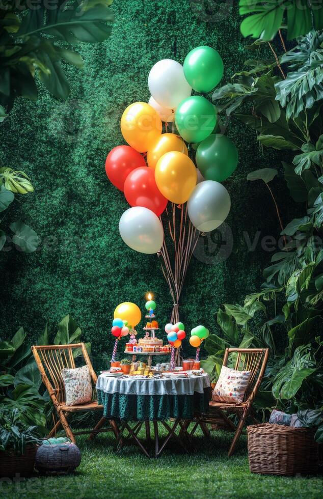 A birthday picnic scene in a garden with a decorated table, bright balloons tied to chairs, and a lush green backdrop with soft lighting photo