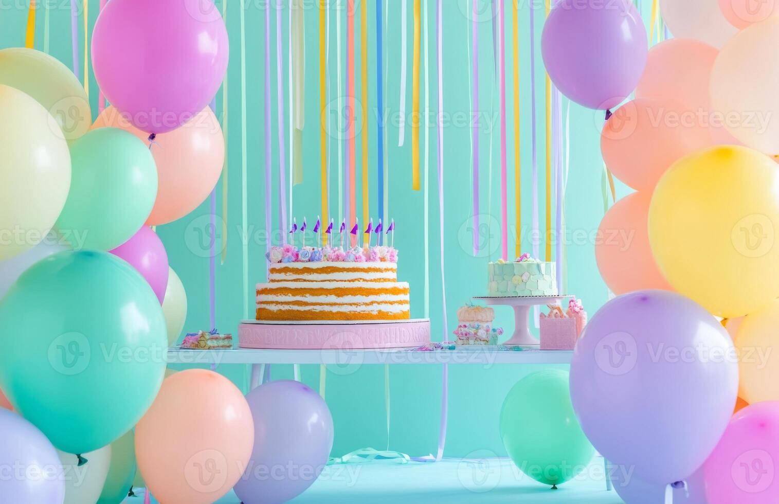 A colorful birthday setup with pastel balloons, a large cake table, and streamers hanging from the ceiling, creating a festive atmosphere photo