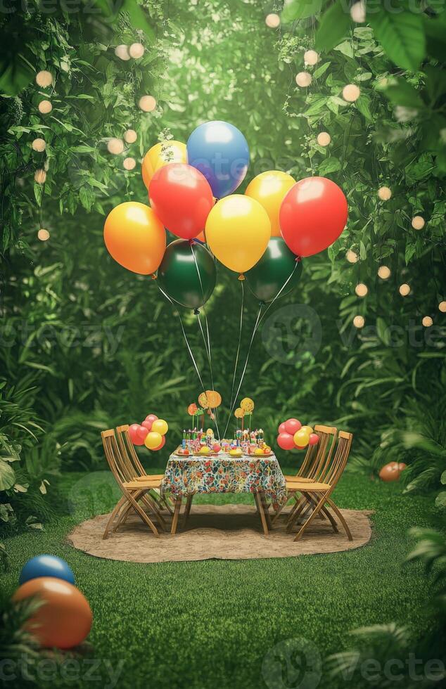 A birthday picnic scene in a garden with a decorated table, bright balloons tied to chairs, and a lush green backdrop with soft lighting photo