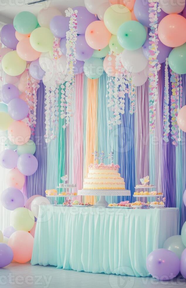 A colorful birthday setup with pastel balloons, a large cake table, and streamers hanging from the ceiling, creating a festive atmosphere photo