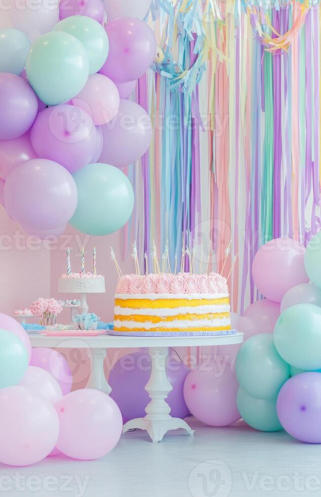A colorful birthday setup with pastel balloons, a large cake table, and streamers hanging from the ceiling, creating a festive atmosphere photo