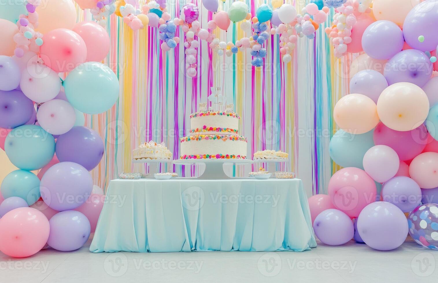 A colorful birthday setup with pastel balloons, a large cake table, and streamers hanging from the ceiling, creating a festive atmosphere photo