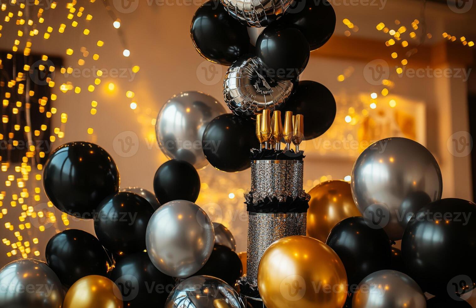 A luxurious birthday setting with black, gold, and silver balloons, a champagne tower, and sparkling lights for an elegant celebration photo