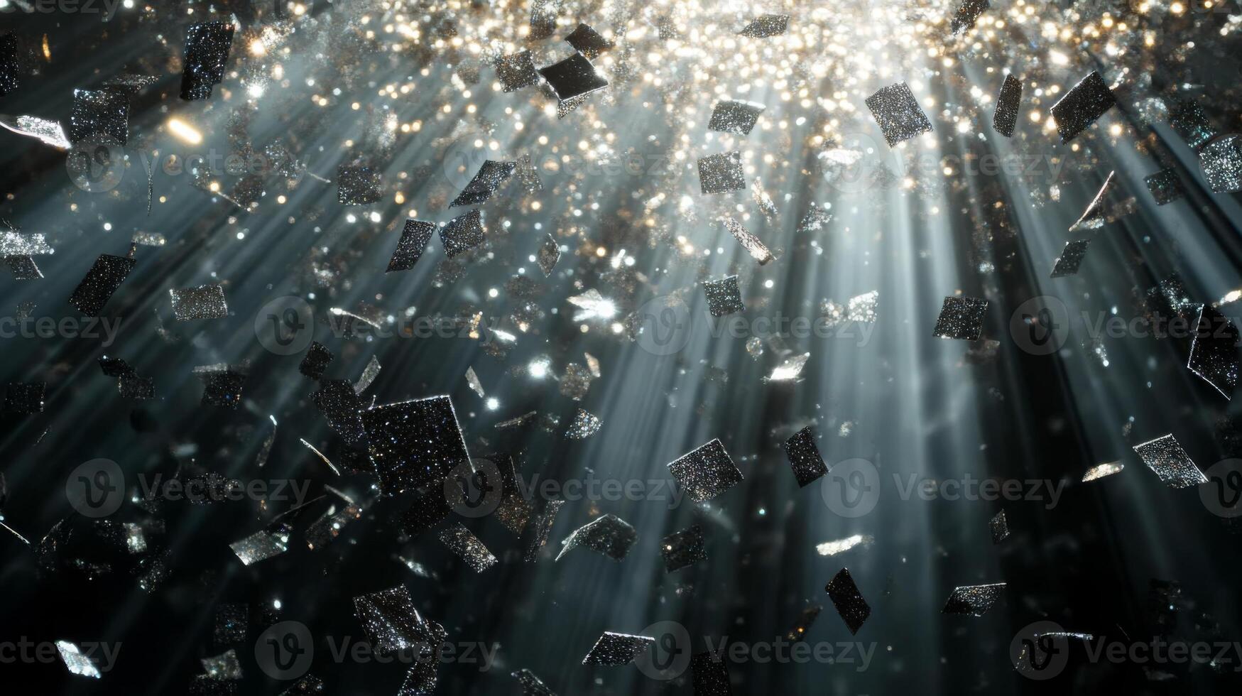 A cascade of metallic confetti falling in slow motion, with radiant beams of light piercing through the darkness, highlighting each piece in vivid detail photo