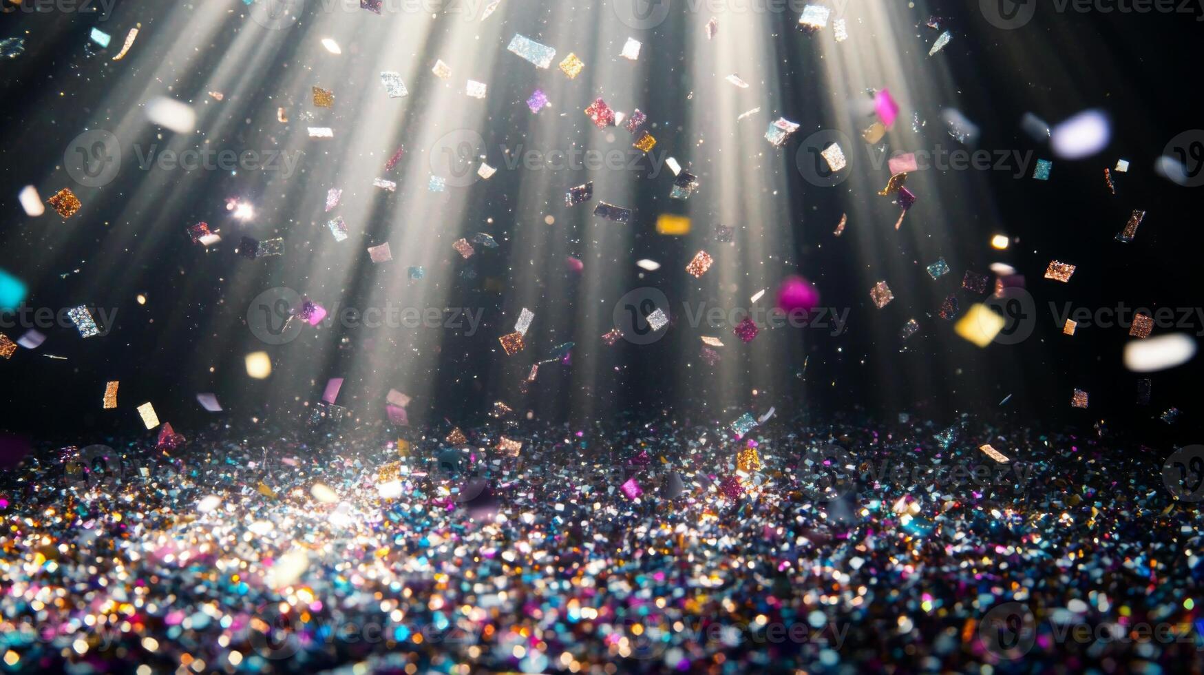 A shower of glittering confetti, highlighted by piercing light rays that create sharp contrasts between the bright pieces and the dark background photo